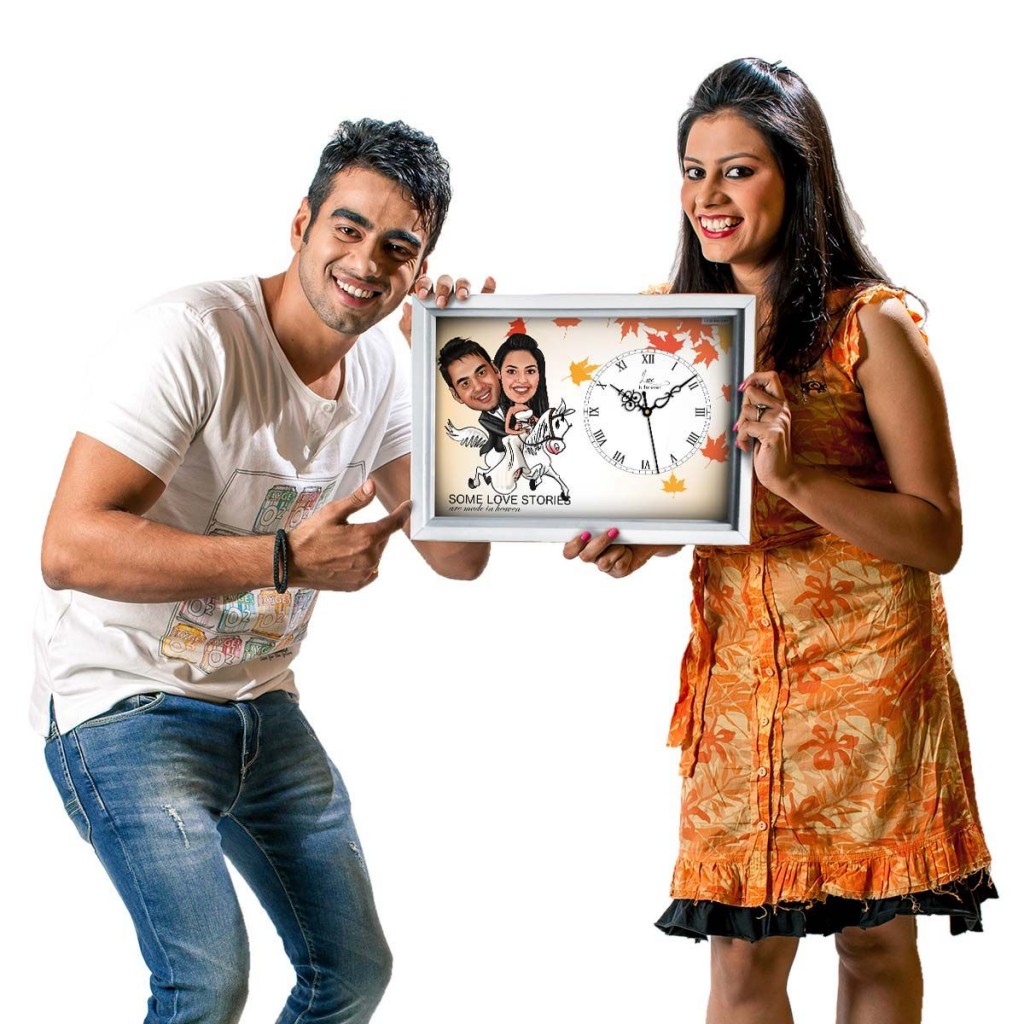 Personalize your Diwali Gifts-couple-on-horse-caricature-canvas-clock-personalized-gifts-couples